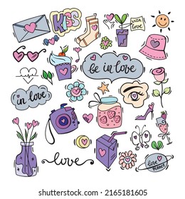 Valentine's Day set of symbols.Calligraphy. Vector illustration. Bright colour - pink, green, violet, blue - on white background. set of hand symbols for wedding invitation and romantic