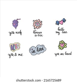 Valentine's Day set of symbols.Calligraphy. Vector illustration. Bright colour - pink, green, violet, blue - on white background. set of hand symbols for wedding invitation and romantic