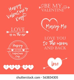 Valentine's Day set of symbols.Calligraphy. Vector illustration. White on pink background