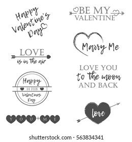 Valentine's Day set of symbols.Calligraphy. Vector illustration. Gray on white background