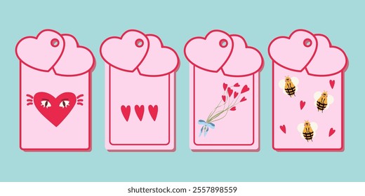 Valentine's day set of tags and cards with romantic elements, heart shapes, flowers, bees. Valentine's day concept for gifts, present box, shopping emblems. Vector illustration with pink colors