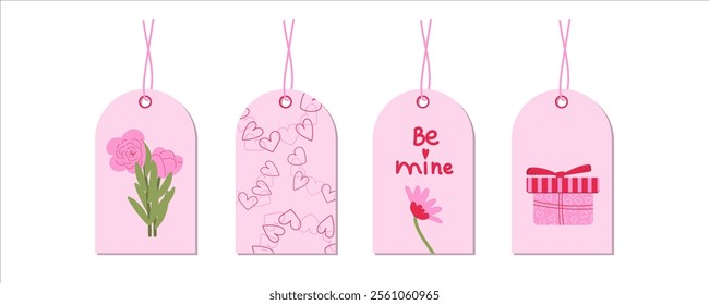 Valentine's day set of tags with romantic elements, heart shapes, flowers, gift. Valentine's day concept card for gifts, present box, shopping emblems. Vector illustration with pink and red colors