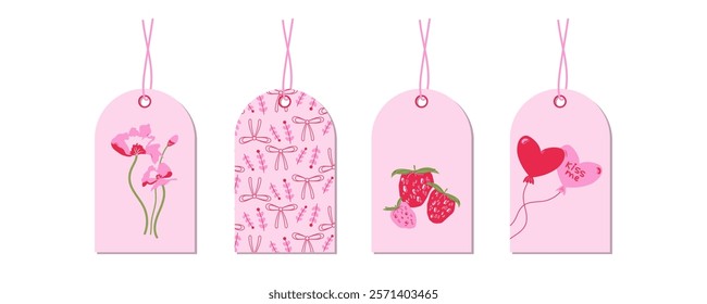 Valentine's day set of tags with romantic elements, hearts balloons, flowers, bows, strawberries. Concept badge for gifts, present box, shopping emblems. Vector illustration with pink red and colors