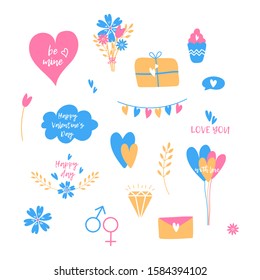 Valentines Day set. Template for Sticker kit, Congratulations, Invitations, postcards, posters and so on.Delicate colors