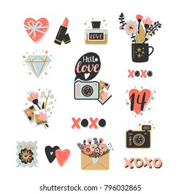 Valentines Day set. Template for Sticker kit, Congratulations, Invitations, postcards, posters and so on.