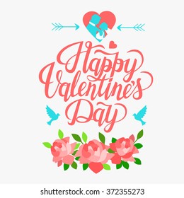 Valentine's Day set with text Happy Valentine's Day. Typography. Vector illustration of Valentine Greeting Card elements with heart, flowers, bride and groom, dove.
