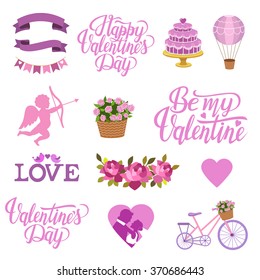 Valentine's Day set with text love, Be my Valentine typography. Vector illustration of Valentine Greeting Card elements with heart, cupid, flowers, bride and groom, balloon, cake, ribbon.