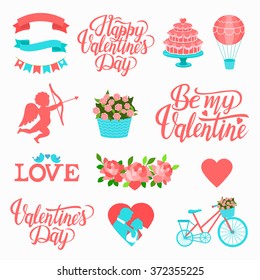 Valentine's Day set with text love, Be my Valentine typography. Vector illustration of Valentine Greeting Card elements with heart, cupid, flowers, bride and groom, balloon, cake, ribbon, bicycle.