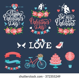 Valentine's Day set with text love, Be my Valentine typography. Vector illustration of Valentine Greeting Card elements with heart, cupid, flowers, bride and groom, balloon, cake, ribbon, bicycle.