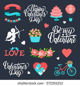 Valentine's Day set with text love, Be my Valentine typography. Vector illustration of Valentine Greeting Card elements with heart, cupid, flowers, bride and groom, balloon, cake, ribbon, bicycle.