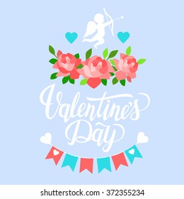 Valentine's Day set with text Valentine's Day. Typography. Vector illustration of Valentine Greeting Card elements with heart, flowers, cupid.