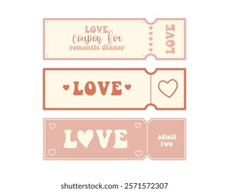 Valentine's day set tickets.Bright and creative, this card is perfect for invitations or gift vouchers.Love Coupons for boyfriend or girlfriend.Romance concept.Isolated on white background.