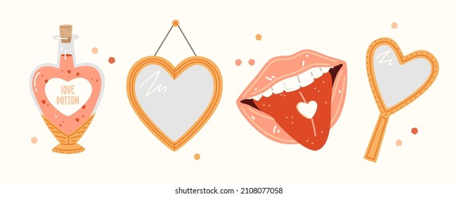 Valentine's Day set. Two heart-shaped mirrors, open mouth with pink lips and tongue sticking out, love potion