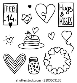 Valentine's day set. Various illustrations and lettering . Decorated with Hearts, pancakes, calendar sheet, jar with hearts and more.