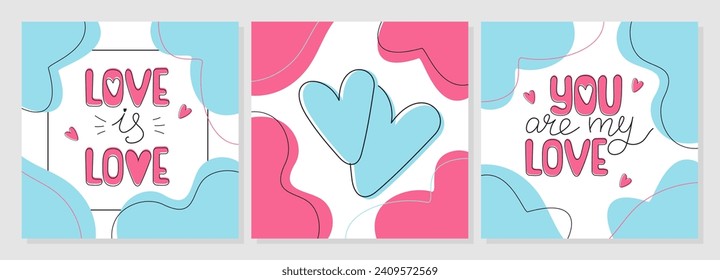 Valentine's Day set of vector backgrounds with lettering, hearts and lines. Editable template for cards. Hand drawn vector illustration. 