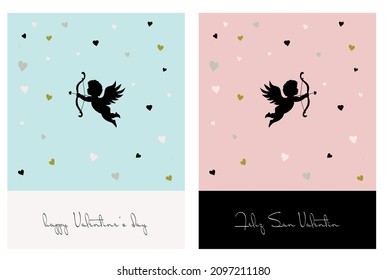 El día de San Valentín estableció tarjetas vectoriales. elementos de diseño. Colección de tarjetas Cupid con texto. "Feliz Día de San Valentín" en español y en inglés.