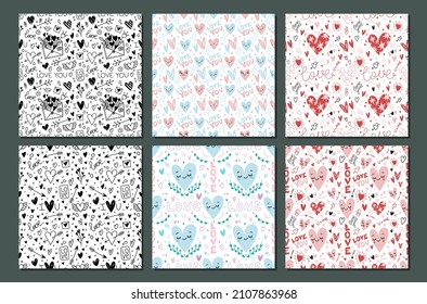 El conjunto vectorial del día de San Valentín adorable patrones planos sin costura con letras de amor, flechas y patrones de corazones. Colección de fondo de doodle dibujado a mano para tela de bebé, rayado, textil