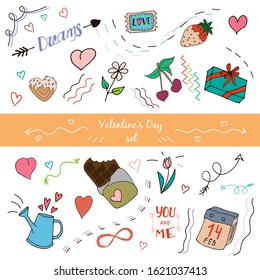 Valentine's day set. Vector illustration. Doodles. Colored stickers.