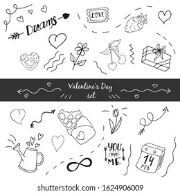 Valentine's day set. Vector illustration. Doodles. Stickers. Circuit.