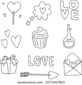 Valentine's Day set of vector illustrations. Illustrations about love: confession, love message, heart, love potion, falling in love. Pictures for wedding design. Linear illustration on white isolate