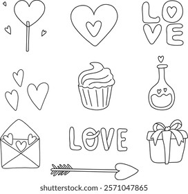 Valentine's Day set of vector illustrations. Illustrations about love: confession, love message, heart, love potion, falling in love. Pictures for wedding design. Linear illustration on white isolate