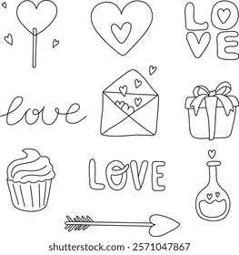 Valentine's Day set of vector illustrations. Illustrations about love: confession, love message, heart, love potion, falling in love. Pictures for wedding design. Linear illustration on white isolate