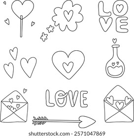 Valentine's Day set of vector illustrations. Illustrations about love: confession, love message, heart, love potion, falling in love. Pictures for wedding design. Linear illustration on white isolate