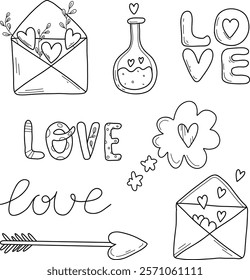 Valentine's Day set of vector illustrations. Illustrations about love: confession, love message, heart, love potion, falling in love. Linear illustration on white isolated background