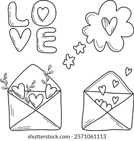 Valentine's Day set of vector illustrations. Illustrations about love: confession, love message, heart, love potion, falling in love. Linear illustration on white isolated background