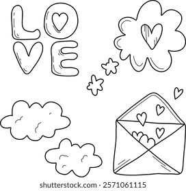 Valentine's Day set of vector illustrations. Illustrations about love: confession, love message, heart, love potion, falling in love. Linear illustration on white isolated background