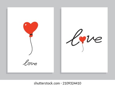 Valentine's day. A set of vector postcards with cute heart and lettering - love with a balloon. For posters, flyers and other users. Isolated.
