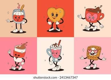 Conjunto de personajes vintage del Día de San Valentín. Retro alegre y alegre. Animación antigua de los años 50, 60 de los 70, dibujos animados de caricatura ruidosa de cafés y dulces, donut, quequitos, espresso, café, pastel. presente.