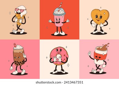 Valentine's Day set of vintage characters. Happy and cheerful retro. Old animation 50s, 60s 70s, groovy cartoon characters of coffee and sweets, donut, cupcake, espresso, latte, cocoa, cake. present.