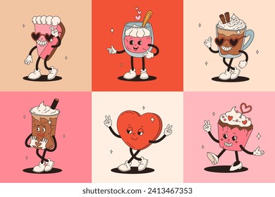 Valentine's Day set of vintage characters. Happy and cheerful retro. Old animation 50s, 60s 70s, groovy cartoon characters of coffee and sweets, donut, cupcake, espresso, latte, cocoa, cake. present.