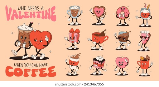 Valentine's Day set of vintage characters. Happy and cheerful retro. Old animation 50s, 60s 70s, groovy cartoon characters of coffee and sweets, donut, cupcake, espresso, latte, cocoa, cake. present.