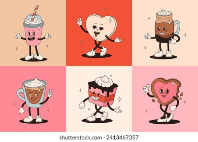 Conjunto de personajes vintage del Día de San Valentín. Retro alegre y alegre. Animación antigua de los años 50, 60 de los 70, dibujos animados de caricatura ruidosa de cafés y dulces, donut, quequitos, espresso, café, pastel. presente.