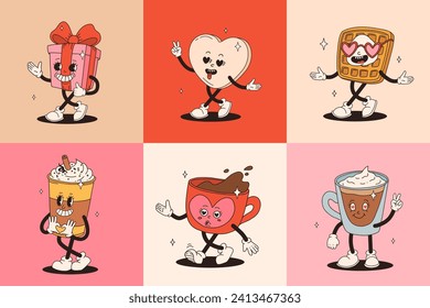 Valentine's Day set of vintage characters. Happy and cheerful retro. Old animation 50s, 60s 70s, groovy cartoon characters of coffee and sweets, donut, cupcake, espresso, latte, cocoa, cake. present.