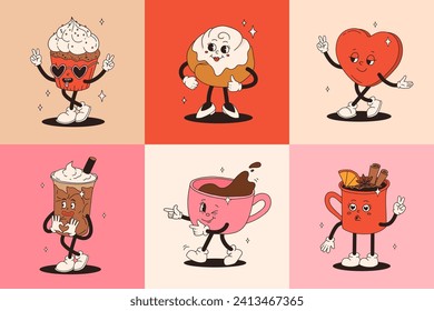 Valentine's Day set of vintage characters. Happy and cheerful retro. Old animation 50s, 60s 70s, groovy cartoon characters of coffee and sweets, donut, cupcake, espresso, latte, cocoa, cake. present.