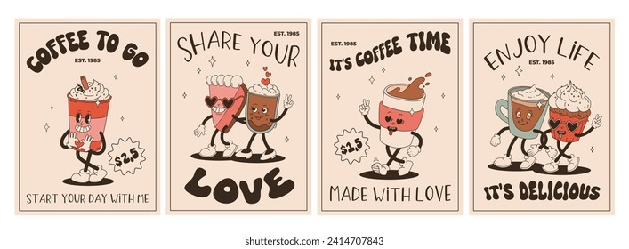 Valentine's Day set of vintage characters. Happy and cheerful retro. Old animation 50s, 60s 70s, groovy cartoon characters of coffee and sweets, donut, cupcake, espresso, latte, cocoa, cake. present.