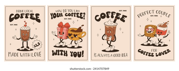 Conjunto de personajes vintage del Día de San Valentín. Retro alegre y alegre. Animación antigua de los años 50, 60 de los 70, dibujos animados de caricatura ruidosa de cafés y dulces, donut, quequitos, espresso, café, pastel. presente.