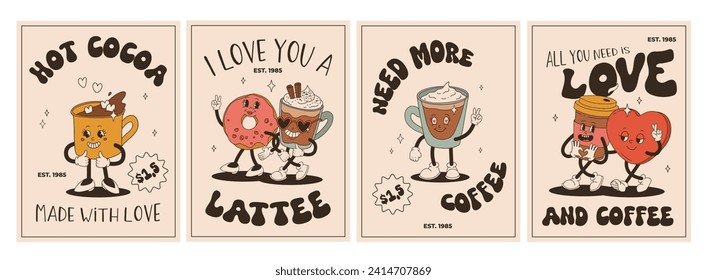 Valentine's Day set of vintage characters. Happy and cheerful retro. Old animation 50s, 60s 70s, groovy cartoon characters of coffee and sweets, donut, cupcake, espresso, latte, cocoa, cake. present.