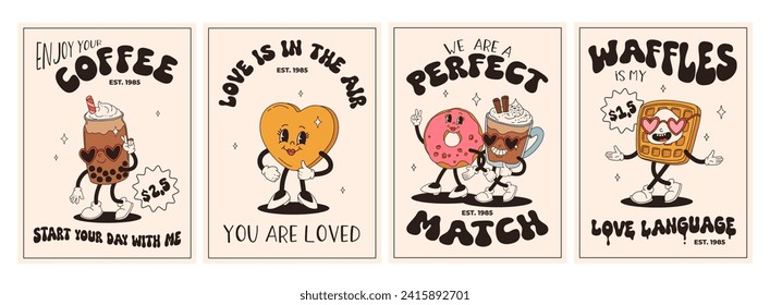 Valentine's Day set of vintage characters. Happy and cheerful retro. Old animation 50s, 60s 70s, groovy cartoon characters of coffee and sweets, donut, cupcake, espresso, latte, cocoa, cake. present.