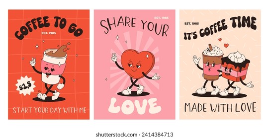 Valentine's Day set of vintage posters. Happy and cheerful retro mascots. Old animation 50s 60s 70s, groovy cartoon characters of coffee sweets and hearts, donut, cupcake, espresso, latte, present