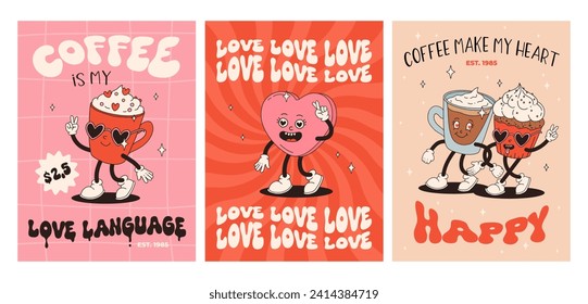 Valentine's Day set of vintage posters. Happy and cheerful retro mascots. Old animation 50s 60s 70s, groovy cartoon characters of coffee sweets and hearts, donut, cupcake, espresso, latte, present