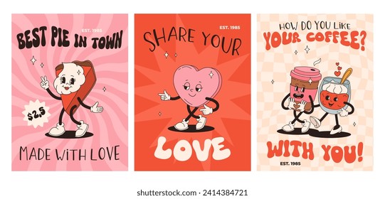 Valentine's Day set of vintage posters. Happy and cheerful retro mascots. Old animation 50s 60s 70s, groovy cartoon characters of coffee sweets and hearts, donut, cupcake, espresso, latte, present