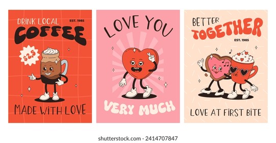 Valentine's Day set of vintage posters. Happy and cheerful retro mascots. Old animation 50s 60s 70s, groovy cartoon characters of coffee sweets and hearts, donut, cupcake, espresso, latte, present