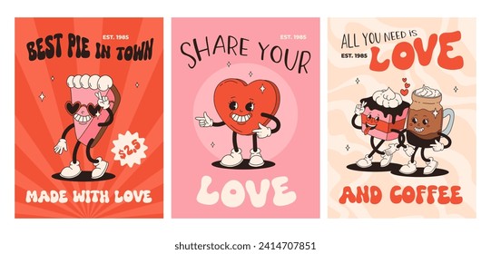 Valentine's Day set of vintage posters. Happy and cheerful retro mascots. Old animation 50s 60s 70s, groovy cartoon characters of coffee sweets and hearts, donut, cupcake, espresso, latte, present