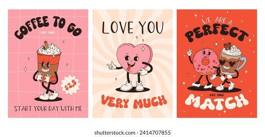 Valentine's Day set of vintage posters. Happy and cheerful retro mascots. Old animation 50s 60s 70s, groovy cartoon characters of coffee sweets and hearts, donut, cupcake, espresso, latte, present