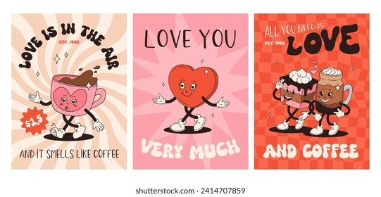 Valentinstag-Set mit Vintage-Plakaten. Fröhliche und fröhliche Retro-Maskottchen. Alte Animation 50er 60er 70er Jahre, groovy Cartoon Figuren von Kaffee Süßigkeiten und Herzen, Donut, Cupcakes, Espresso, Latte, präsentiert