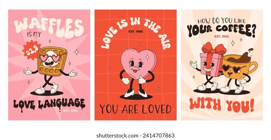 Valentine's Day set of vintage posters. Happy and cheerful retro mascots. Old animation 50s 60s 70s, groovy cartoon characters of coffee sweets and hearts, donut, cupcake, espresso, latte, present